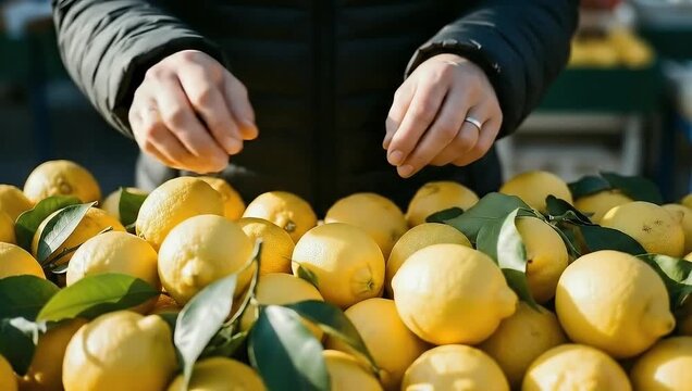 Hands Selecting Fresh Lemons at Outdoor Market, Bright Yellow Citrus Fruit Display