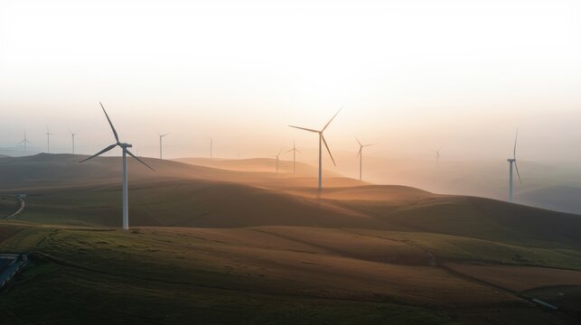 Wind turbines on a misty hillside at sunset