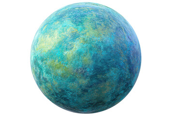 Abstract textured blue and green oval sphere isolated on transparent background. Textured blue and green planet with golden accents isolated on white background.