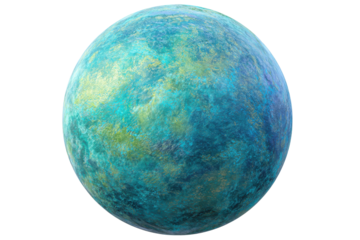 Abstract textured blue and green oval sphere isolated on transparent background. Textured blue and green planet with golden accents isolated on white background.