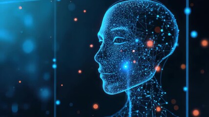 Digital human profile with glowing neural network and abstract light particles futuristic blue - Powered by Adobe