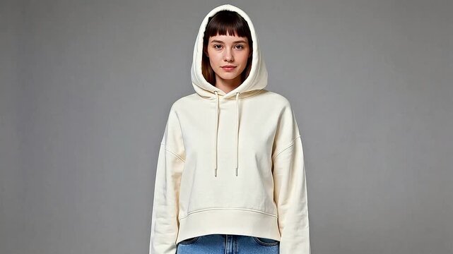 Woman wearing white hoodie and jeans