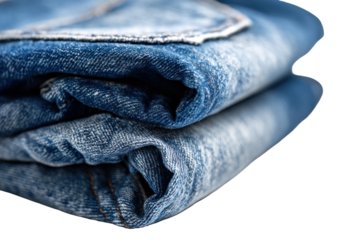 Stack of folded blue denim jeans isolated on transparent background. Folded blue denim jeans, close up fabric texture isolated on white background.