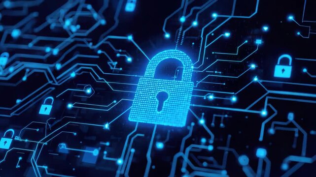 Digital padlock glowing circuit board network protecting data. cybersecurity lock circuit