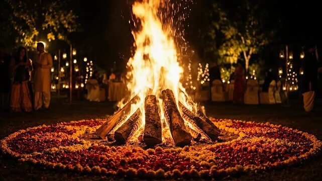 The intense, fiery orange holika dahan bonfire burns brightly at night, dramatically lit and framed by a floral mandala.