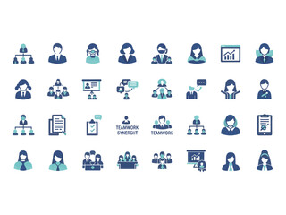 Professional Teamwork and HR Management Icon Set - 32 Teal and Blue Vector Icons for Leadership, Business Collaboration, Organization Chart, and Corporate Growth Concepts