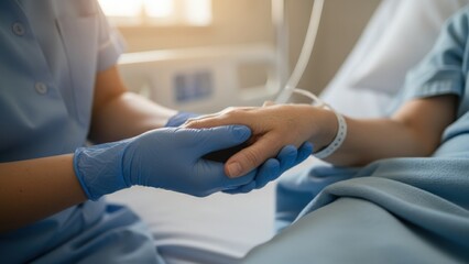 Obraz premium Caring Nurse Holding Patient's Hand Offering Support and Empathy During Hospital Stay, Providing Medical Assistance