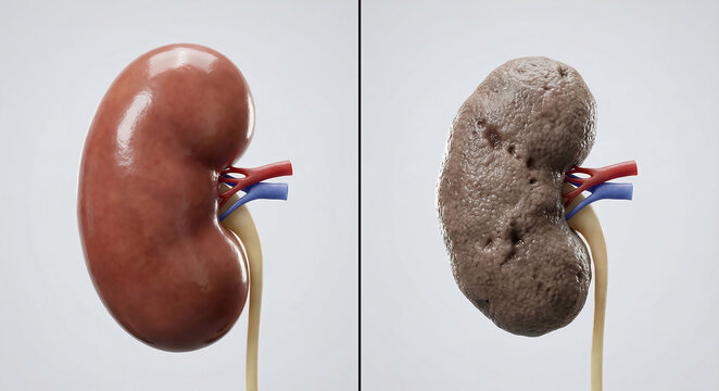 Comparison of Healthy and Atrophic Chronic Kidney Disease (CKD) Organs: Gross Pathology Visualization showing Surface Granularity and Cortical Scarring