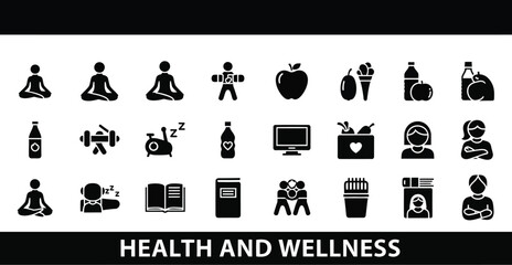 Collection of black silhouette icons representing essential concepts related to physical fitness mental balance nutrition and overall healthy lifestyle choices for personal wellbeing documentation