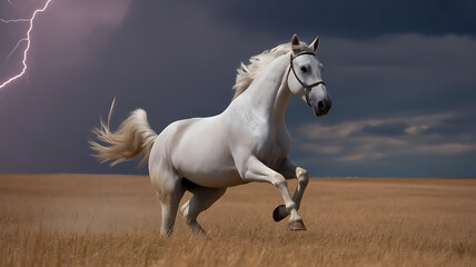 Fototapeta premium White horse running across dry field with lightning storm