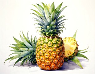 Fototapeta premium Artistic depiction of three pineapples, one partially sliced