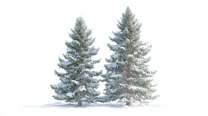 Obraz premium Two beautifully snow-covered evergreen trees standing majestically in a winter landscape surrounded by soft white snow creating a serene and peaceful atmosphere. Generative AI