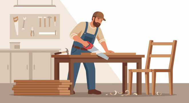 木匠使用工具製作家具
Flat vector illustration of a carpenter using hand tools to build wooden furniture. Hammer, saw, and wooden planks visible. Clean flat vector style, solid colors, no gradients.