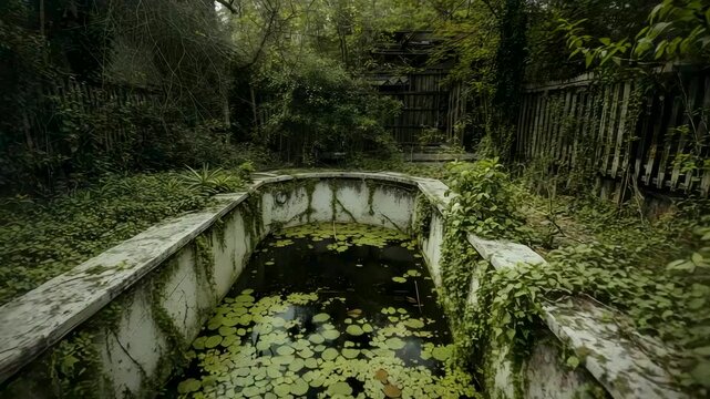 Concrete water channel with arched bridge over algae covered pond surrounded by dense green vegetation