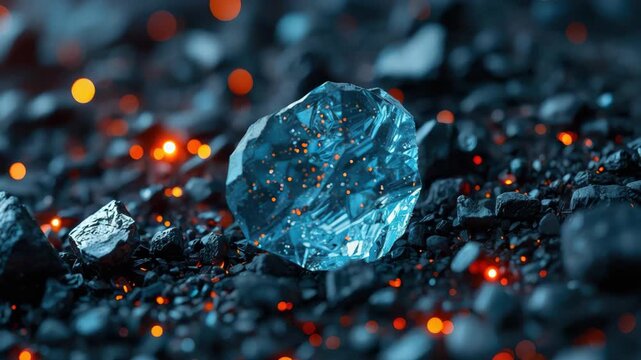 Blue gemstone on dark coal bed with glowing ember lights and dramatic cold and warm glow rock