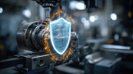 Fototapeta premium Industrial machinery with glowing shield symbolizing protection and security in manufacturing and engineering environments, showcasing advanced technology and innovation.