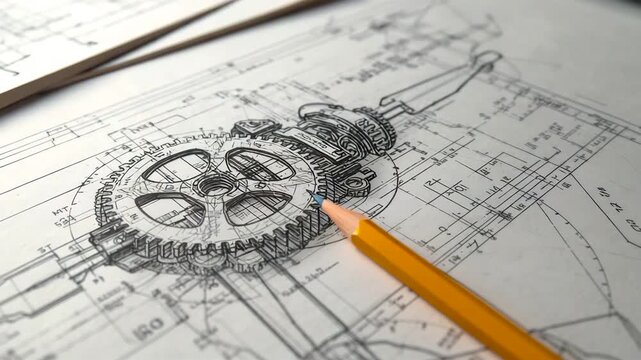 Mechanical gear assembly sketch on technical drawing with pencil on drafting paper