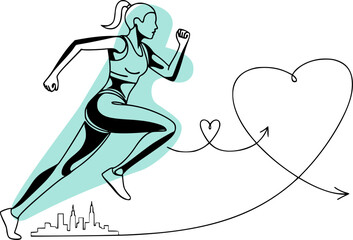Fitness motivation illustration, running woman with heart line art and city skyline.