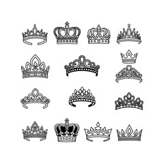 Naklejka premium A collection of various detailed crown and tiara designs, illustrating different styles of royal headwear as elegant black line art.