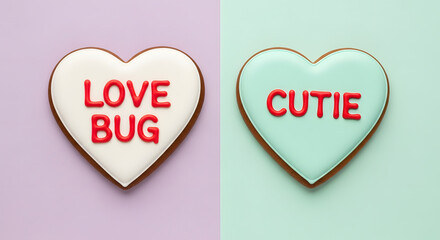 Valentine Day Heart-shaped Valentine's Day cookies, one with 'LOVE BUG' and another with 'CUTIE' in red icing, on pastel pink and mint green backgrounds, sweet and charming.