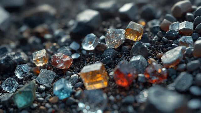 Colorful glass pebble and crystal cube gems on wet stone pebbled beach with sparkling gemstone glow