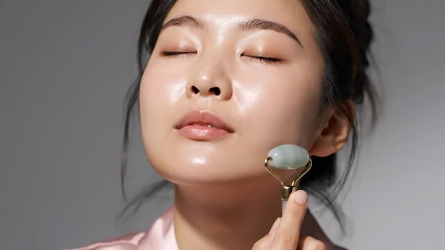 Woman with closed eyes and jade roller on face