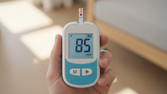 Close-up of Person Holding Glucose Meter Displaying Normal Blood Sugar Level for Health Management