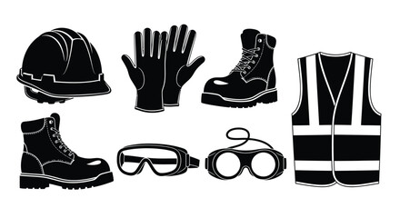 Personal protective equipment set with hard hat boots and vest vector