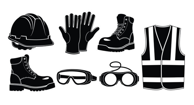 Personal protective equipment set with hard hat boots and vest vector