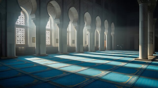 Serene mosque interior with blue carpet