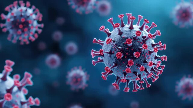 Coronavirus microscopic particle close up with red spike protein details and blue background