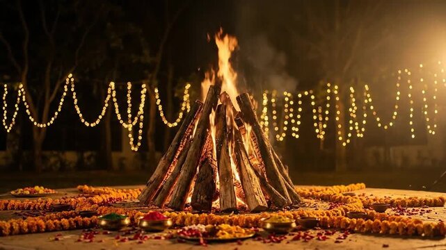 A spiritual holika dahan bonfire burns brightly at night, surrounded by festive marigold garlands for the holi celebration.