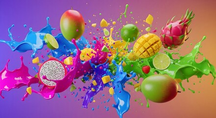 Vibrant colorful fruit splash with apples mangoes and dragon fruits in mid air against a purple and orange gradient background with dynamic paint splatters