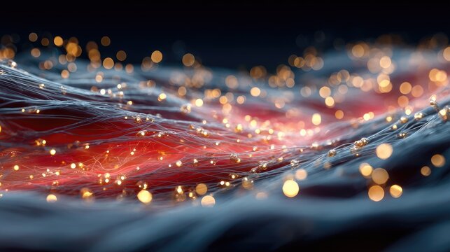 Close-up 3D illustration of human muscle fibers with glowing light particles representing anatomy and tissue structure