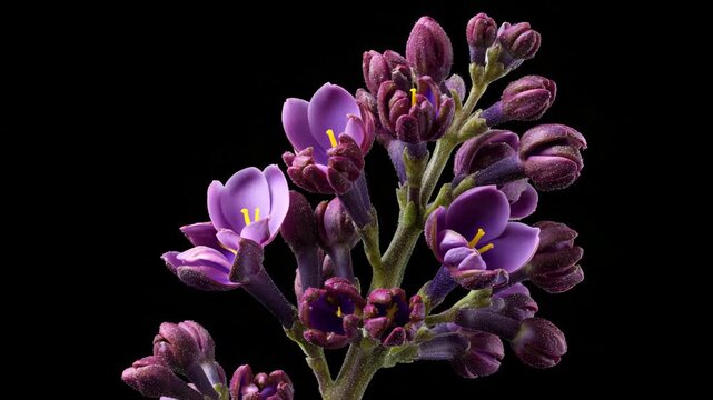 A closeup view of a lilac branch with purple flowers and buds on a black background