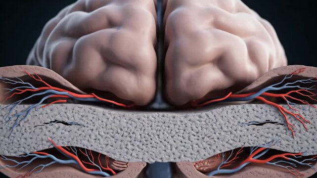 A realistic 3D animation showcasing the intricate human brain, its protective layers, and vital blood supply.