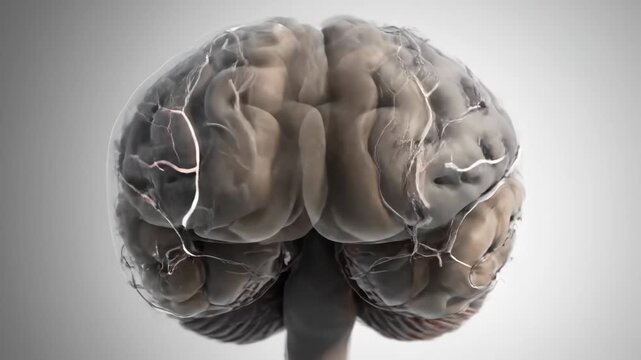 A realistic 3D human brain rotates, revealing intricate neural pathways and blood vessels. Ideal for medical and science visuals.