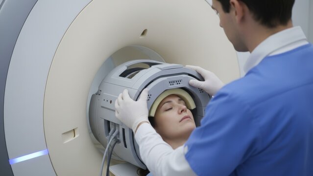Female Patient Undergoing MEG Scan for Brain Activity Analysis in Modern Hospital Setting
