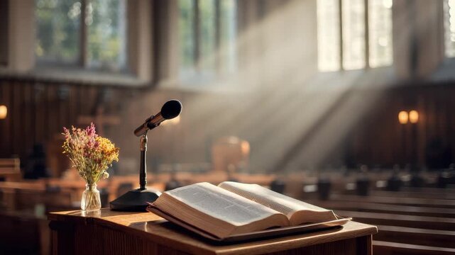 Open book wooden lectern with microphone and wildflower vase bathed warm sunlight through stained glass windows sunlit chapel, open bible pulpit and pew creating serene religious atmosphere