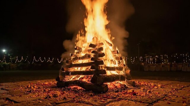Intense night shot of the massive holika dahan bonfire, symbolizing the start of holi festival.