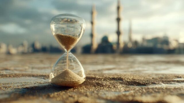 Hourglass sand timer desert floor with mosque silhouette and warm sunset mood. hourglass sand timer wet sand with blurred mosque skyline and minaret silhouette sunset, warm light reflecting