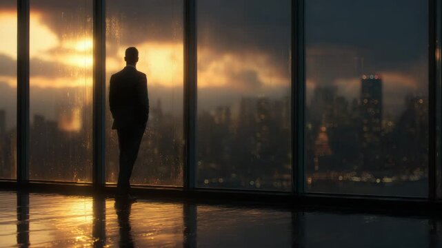 Silhouette businessman skyline sunset reflection floor office glass window city contemplative mood standing by window sunset highrise overlooking rainy city skyline with reflective floor warm light