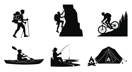 Outdoor adventure silhouettes with hiking climbing and cycling vector