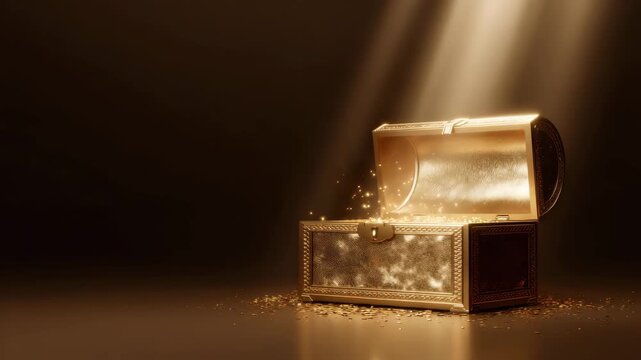 Golden treasure chest spilling glowing coins and sparkles dramatic spotlight with warm metallic texture and rich shadow. ornate jewelry box open dark surface, treasure chest revealing coin pile