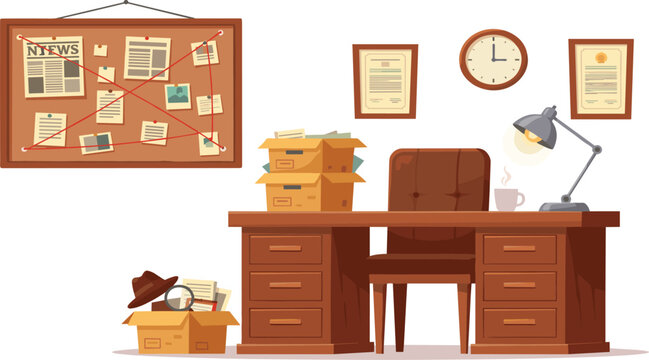 Detective Office Illustration Set Featuring Investigation Desk, Evidence Board, Documents, and Classic Workspace Elements in Flat Vector Style