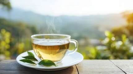 Clear glass teacup filled with amber tea on a white saucer, fresh tea leaves beside, soft-focus tea terrace landscape at sunrise