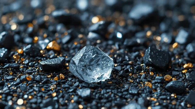 Raw uncut diamond on dark gravel with scattered gold flakes and shimmering gemstone crystal sparkle