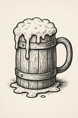 Sketch Style Illustration Of Frothy Beer Mug With Overflowing Foam Aesthetic