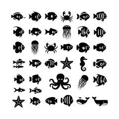Obraz premium Black silhouette icons of various marine animals including fish, crabs, jellyfish, octopus, seahorse, and whales.