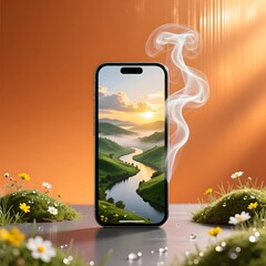 Smartphone Displaying Scenic River Landscape With Surreal Smoke On Bright Orange Background
